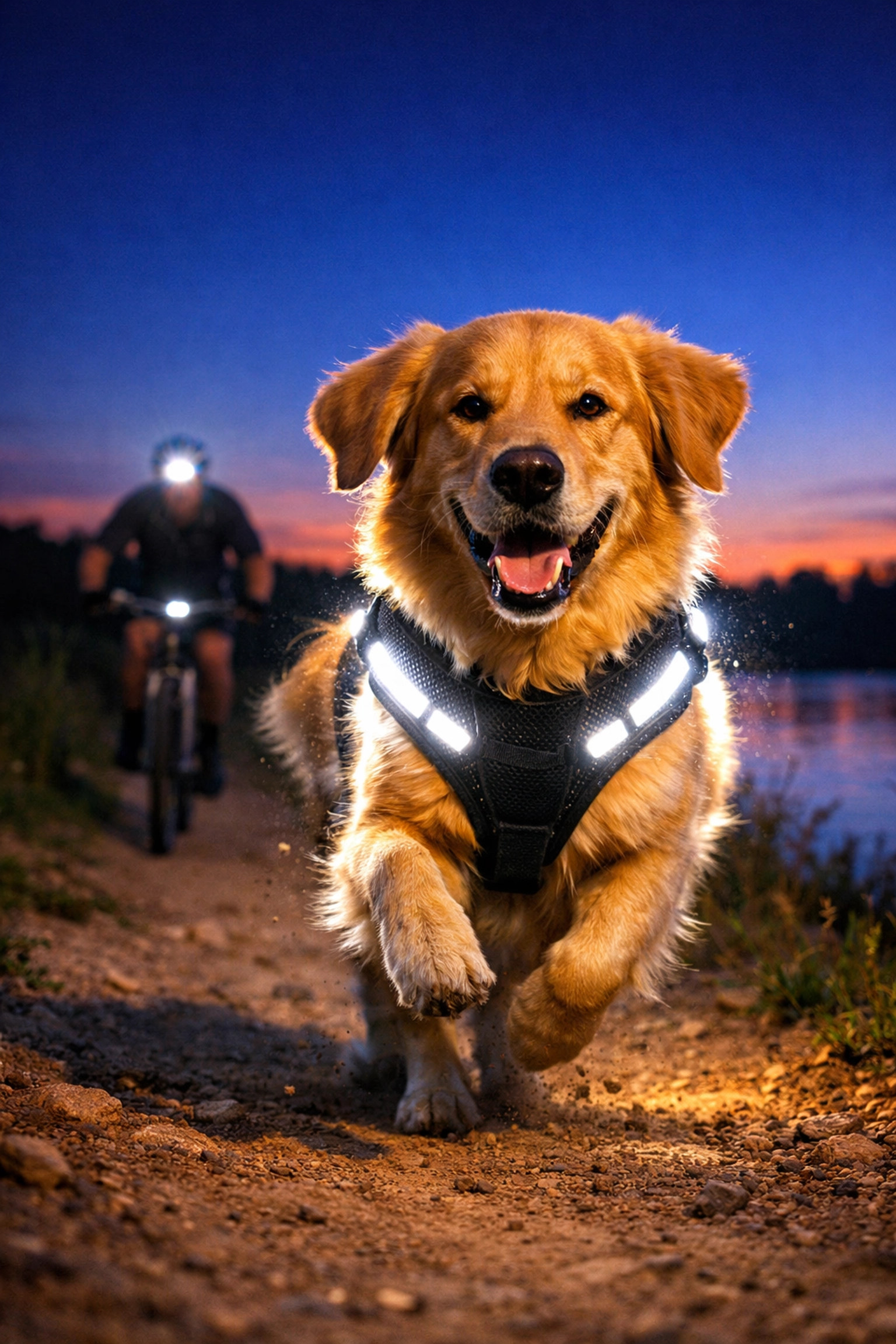 Golden retriever in rechargeable LED dog harness running at Pontiac Lake at dusk