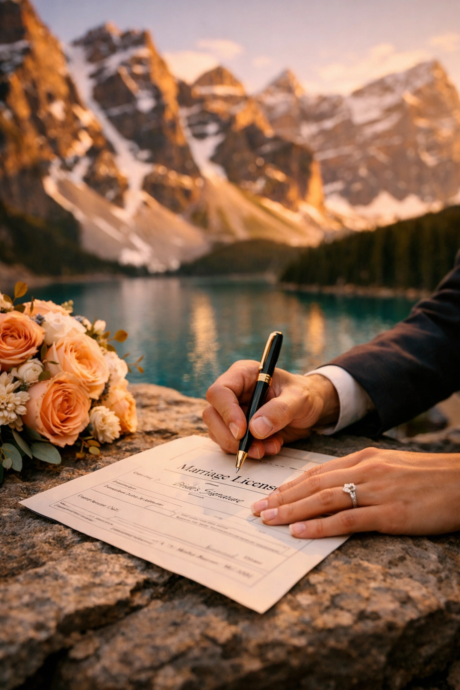 Couple signing an Alberta marriage license on a rock at Moraine Lake for a scenic Banff elopement.