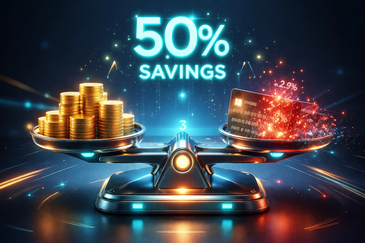 Gold coins and dissolving credit card fees on a scale highlight how Larecoin cuts payment processing costs by 50%