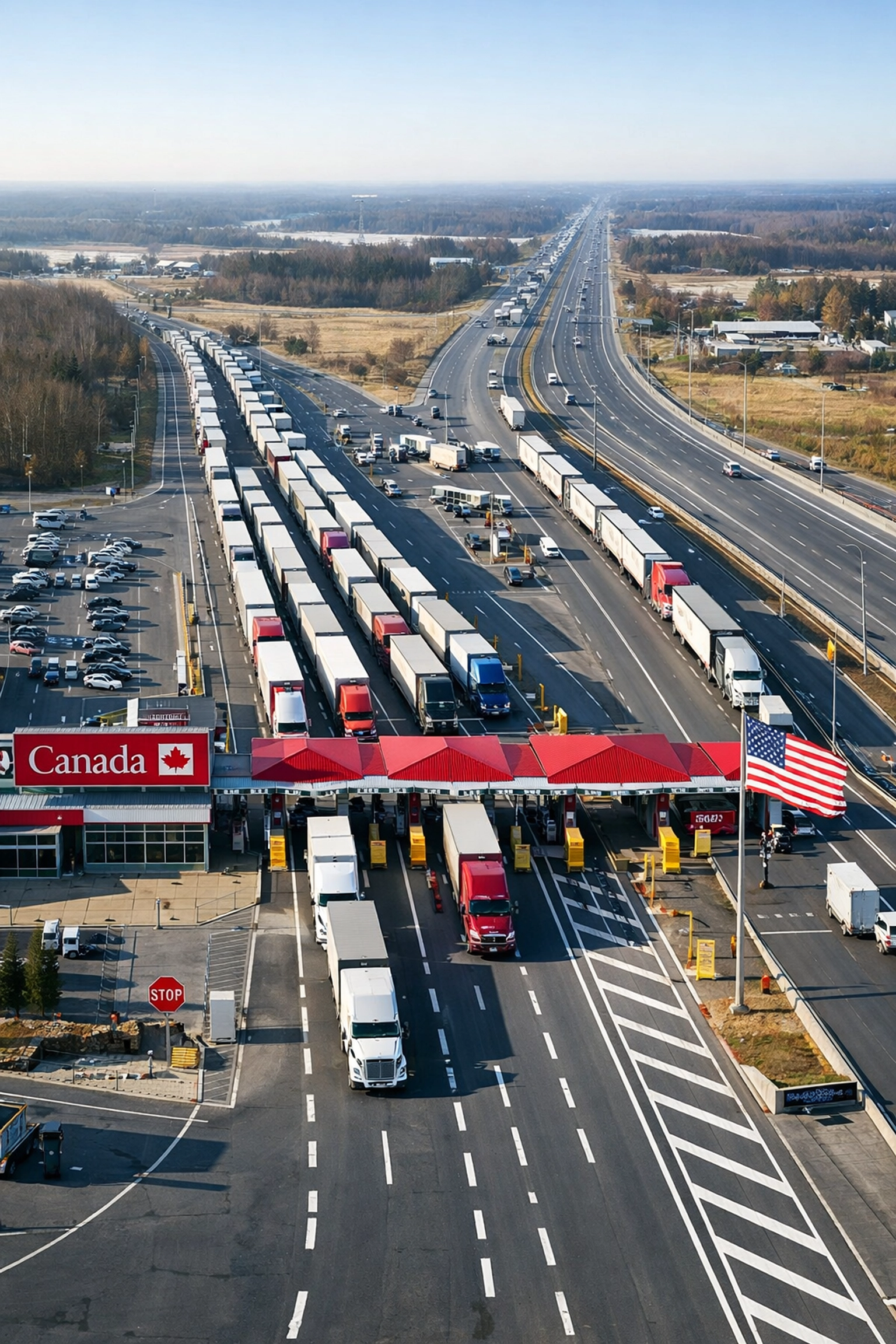 Canada-U.S. border crossing with commercial trucks representing daily cross-border trade under CUSMA