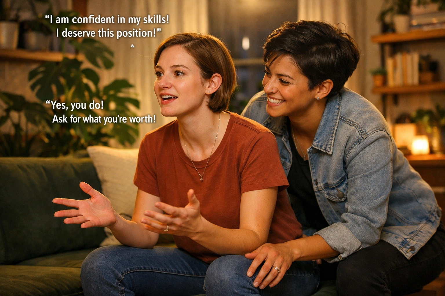 Two lesbian women role-playing a salary negotiation to build confidence and practice career-focused power phrases.