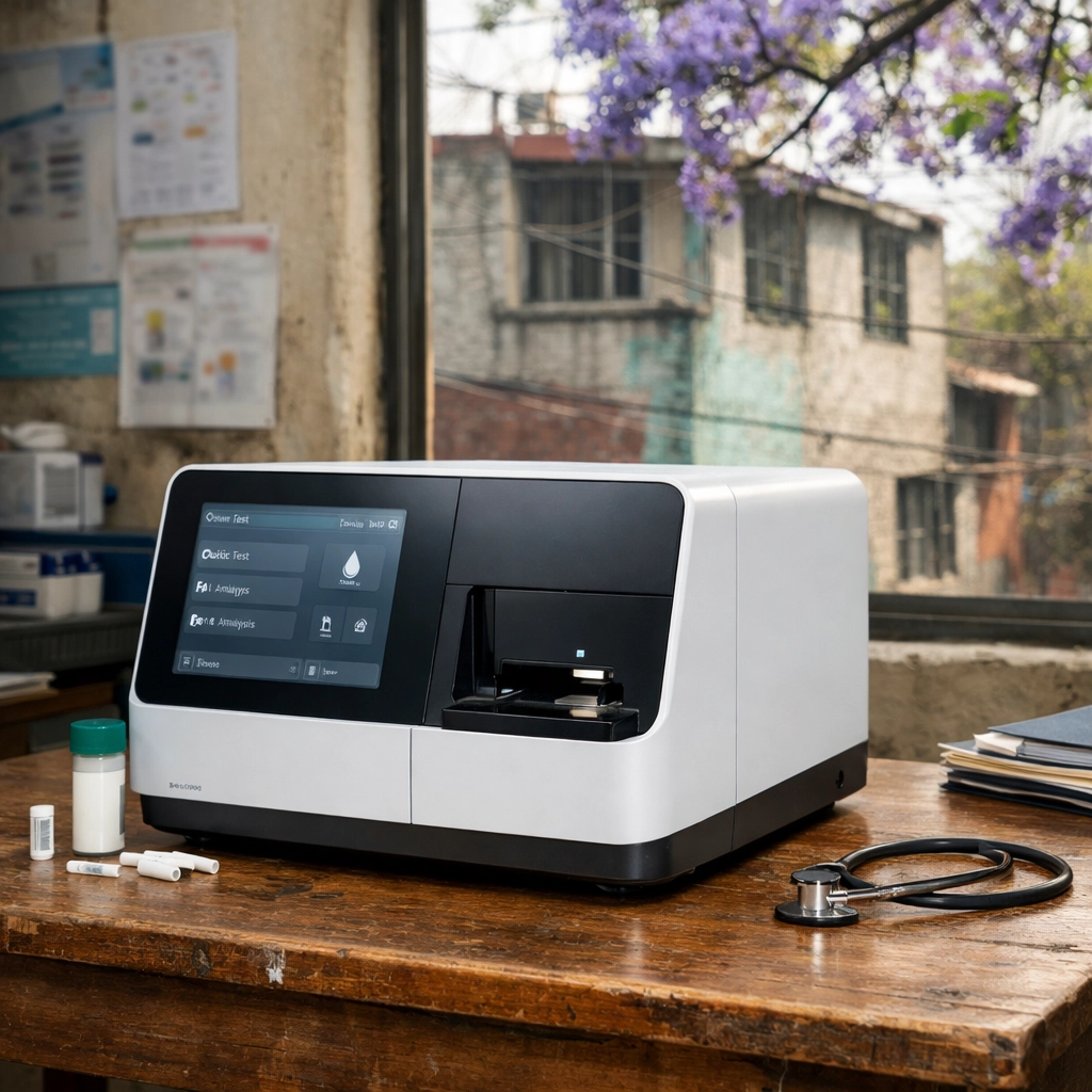 Noul AI diagnostic device on a clinic desk in Mexico City, bridging Korean technology with local healthcare.