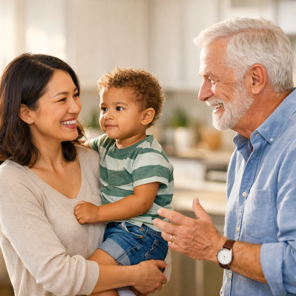 Happy diverse Canadians in a bright kitchen representing financial security from a fast cash loan with steady income.