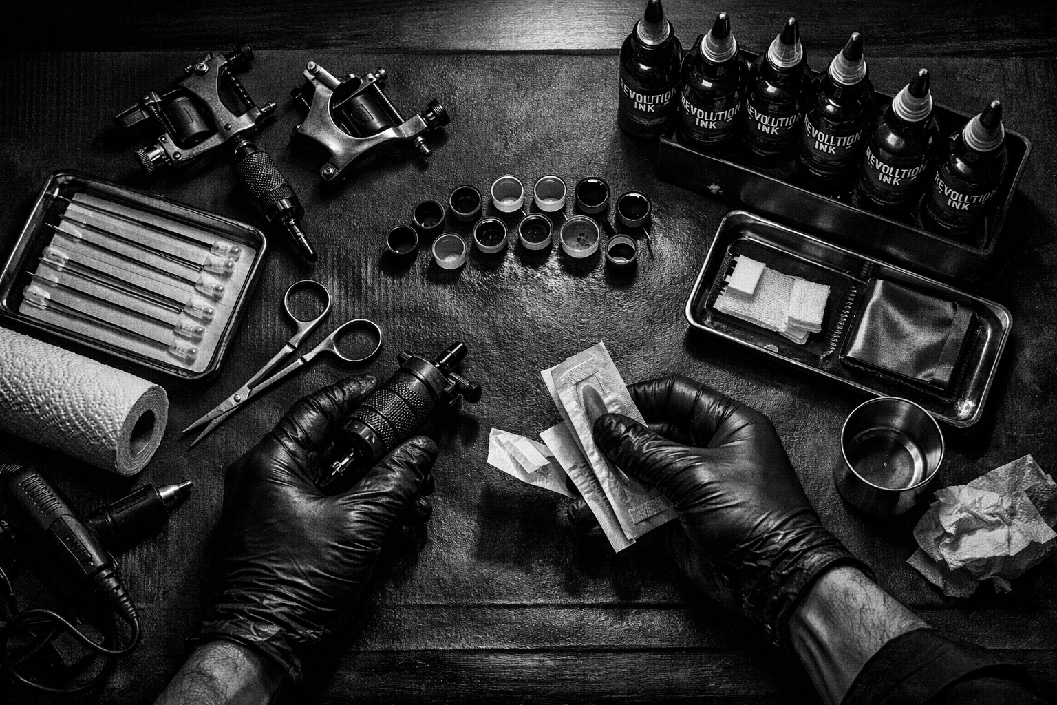 Professional tattoo artist workspace with premium equipment and Revolution Ink at Farnam Street Tattoo