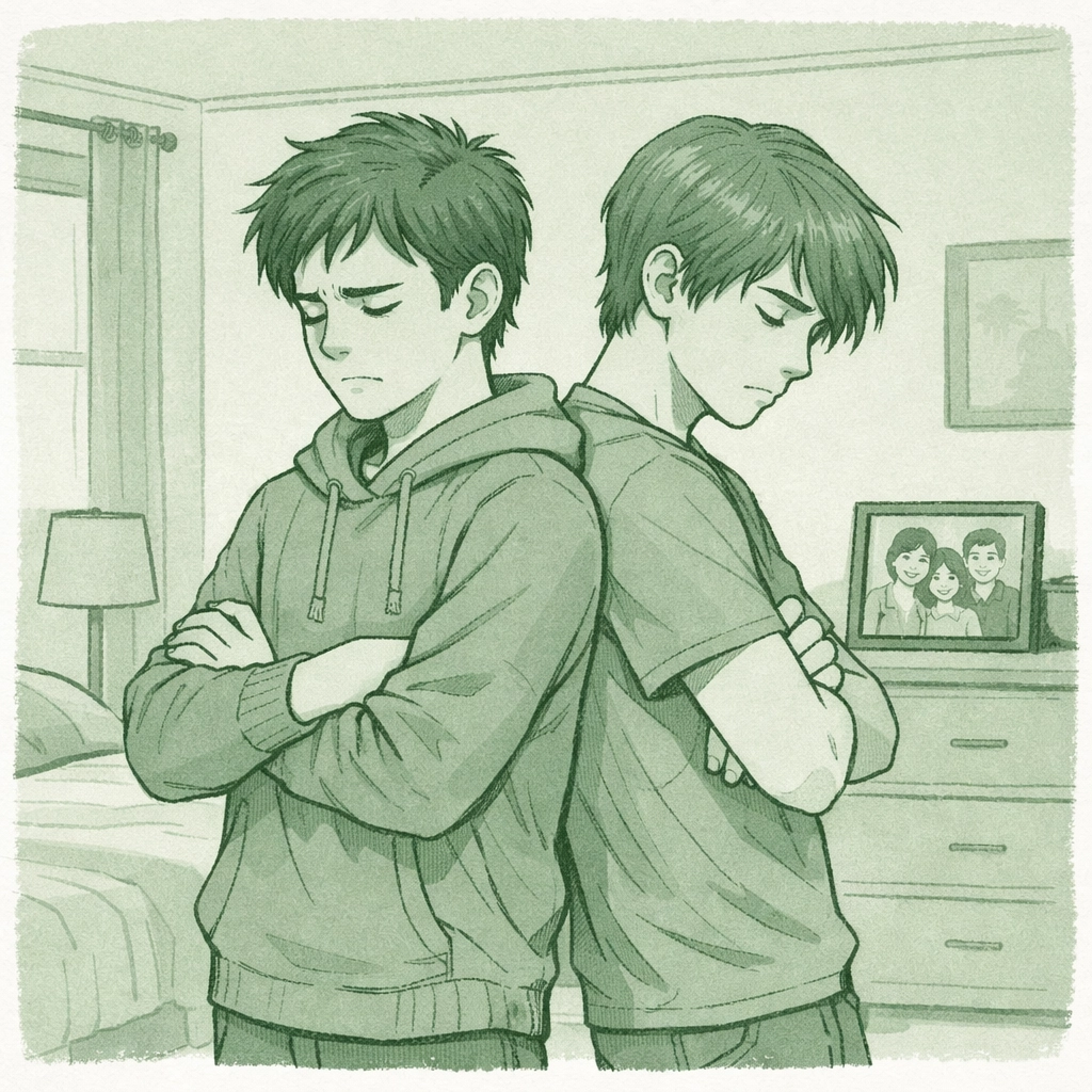 Two stepbrothers showing emotional conflict in MM romance blended family story