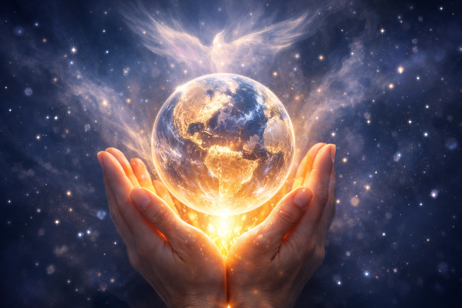 Praying hands holding a glowing globe of the Earth to represent interceding for world events through faith.