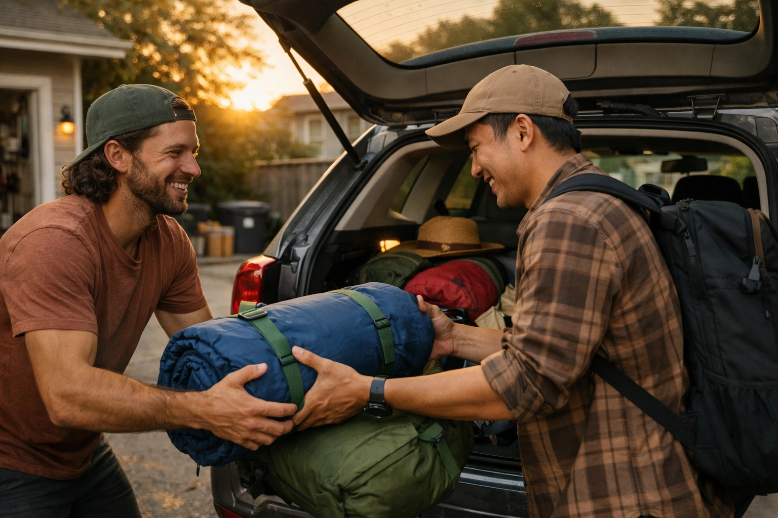Candid photo of friends loading rented camping gear into a car, community sharing vibe