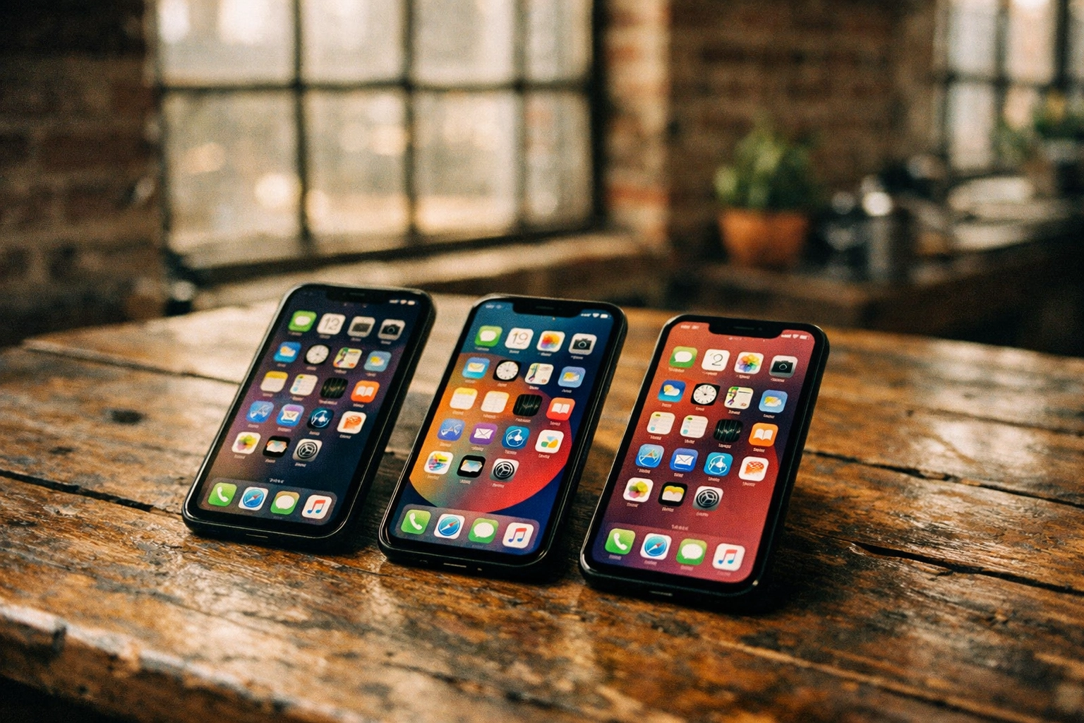 iPhone 11, 12, and 13 models on wooden table in Brooklyn loft showing longevity of older devices