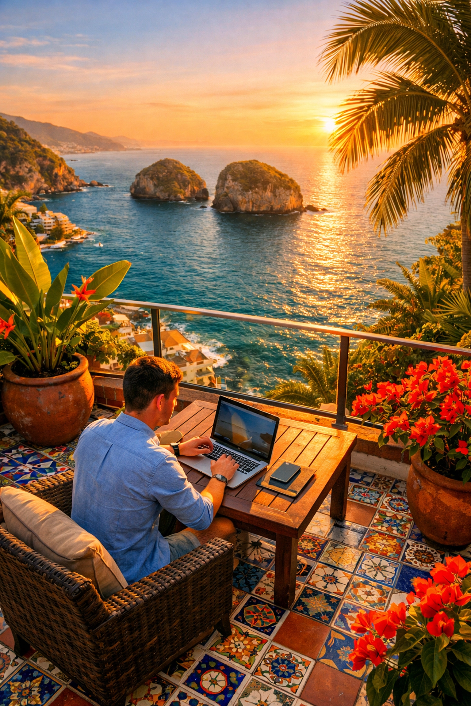 Digital nomad working remotely from ocean-view terrace in Puerto Vallarta rental