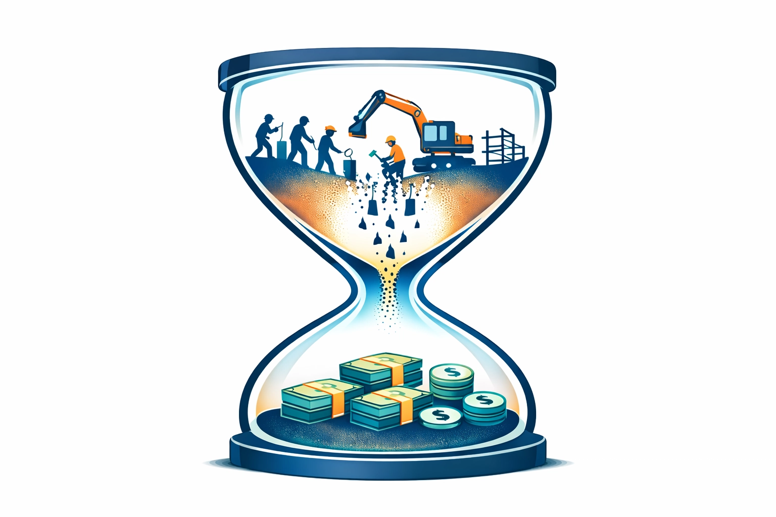 Illustration of a construction cash flow gap showing labor costs and delayed progress payments in an hourglass.