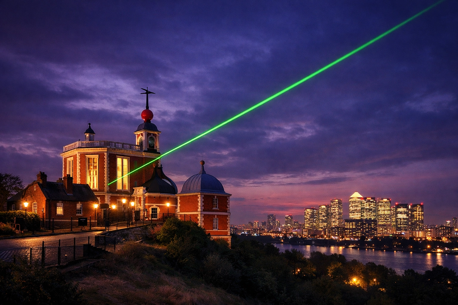 The Royal Observatory Greenwich at night, marking the Prime Meridian and the home of Greenwich Mean Time.