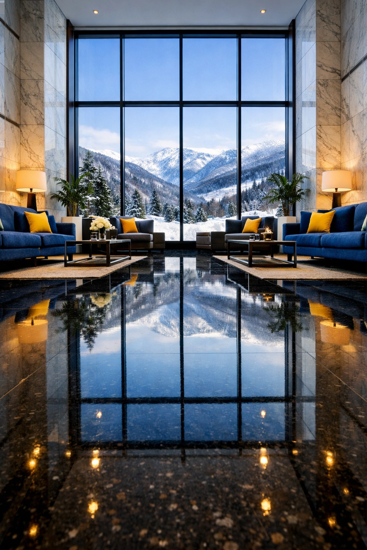 Pristine commercial building lobby in Pittsfield MA showing expert facility maintenance during winter months.