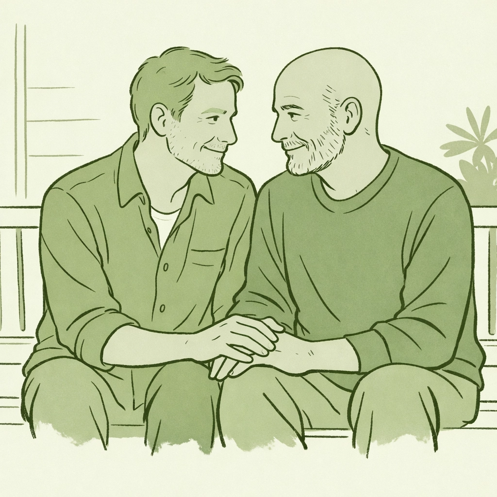 Minimalist illustration of two older men sharing a quiet, heartfelt moment on a porch.