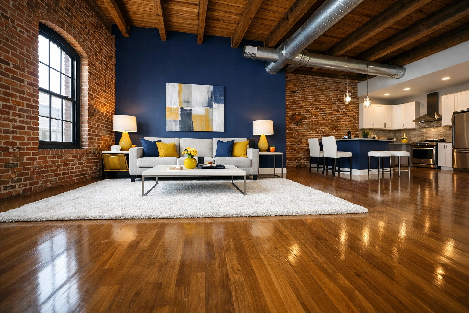A modern Worcester loft with spotless floors, showing the results of house cleaning Worcester MA.