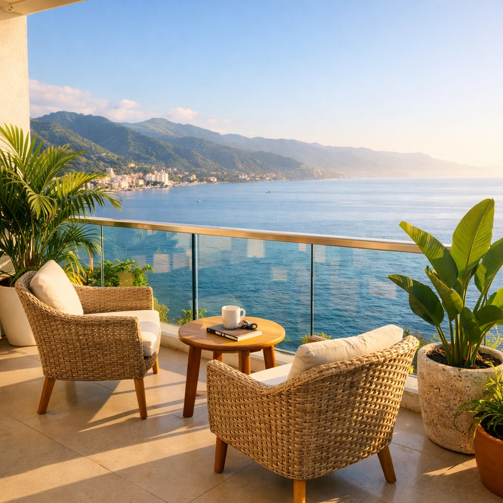 Puerto Vallarta condo balcony with ocean and mountain views during peak season