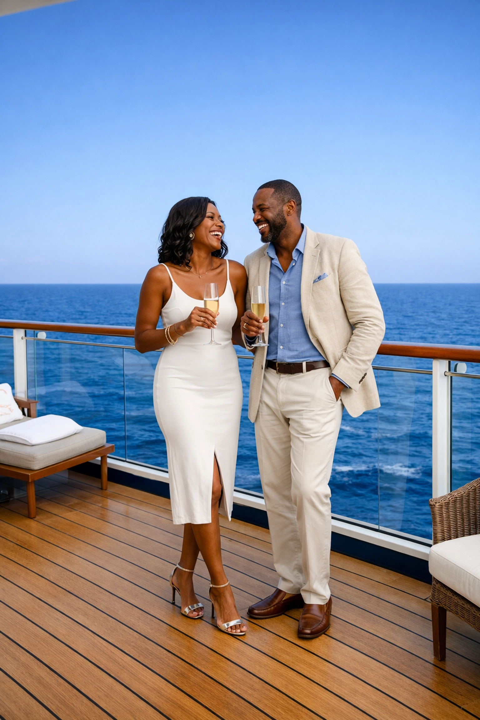 A couple relaxes on a private ship balcony overlooking the Mediterranean, featuring top luxury cruise deals.