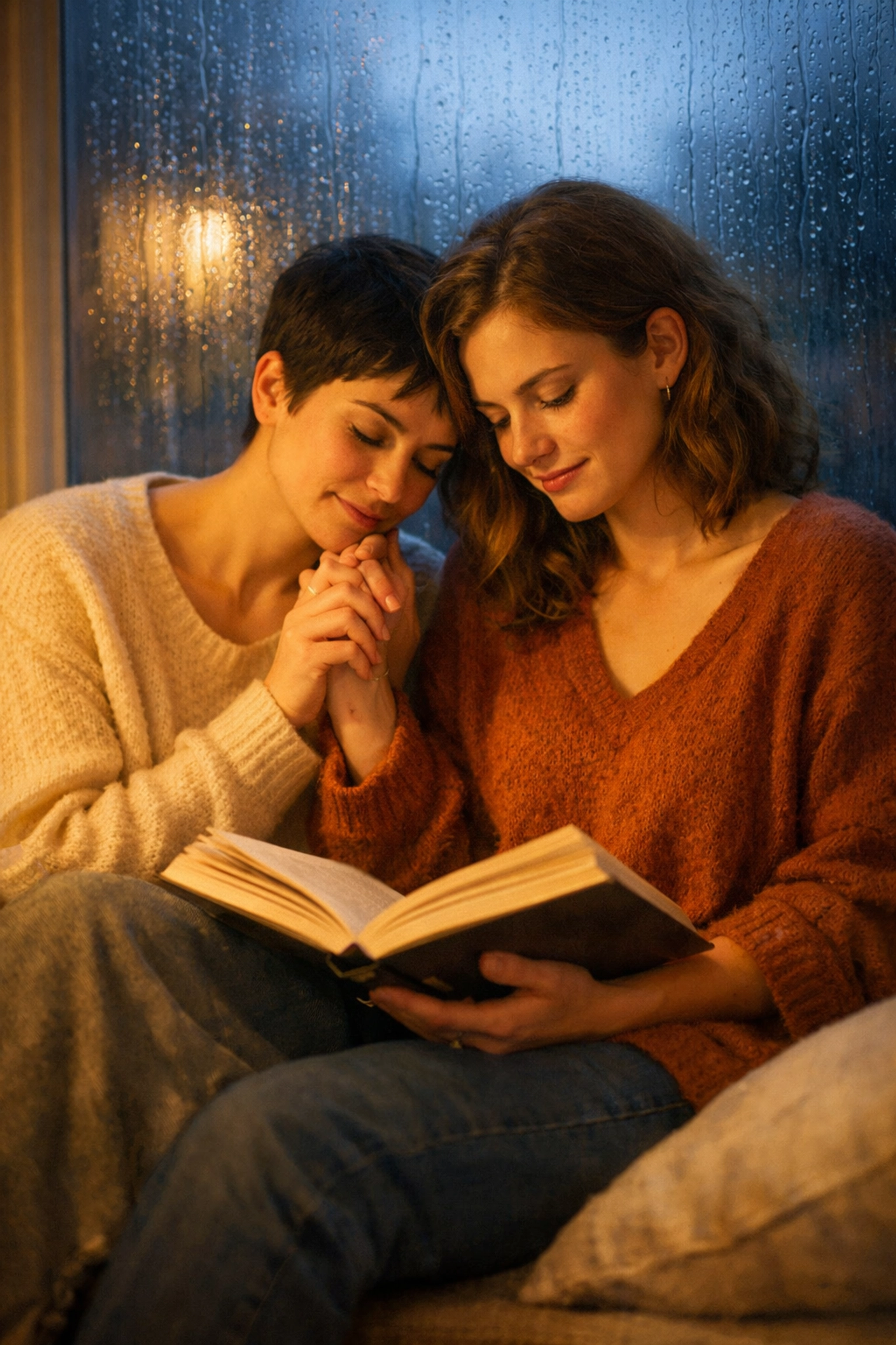 Lesbian couple reading a book together on a window seat, showing comfort and connection in LGBTQ+ healing.
