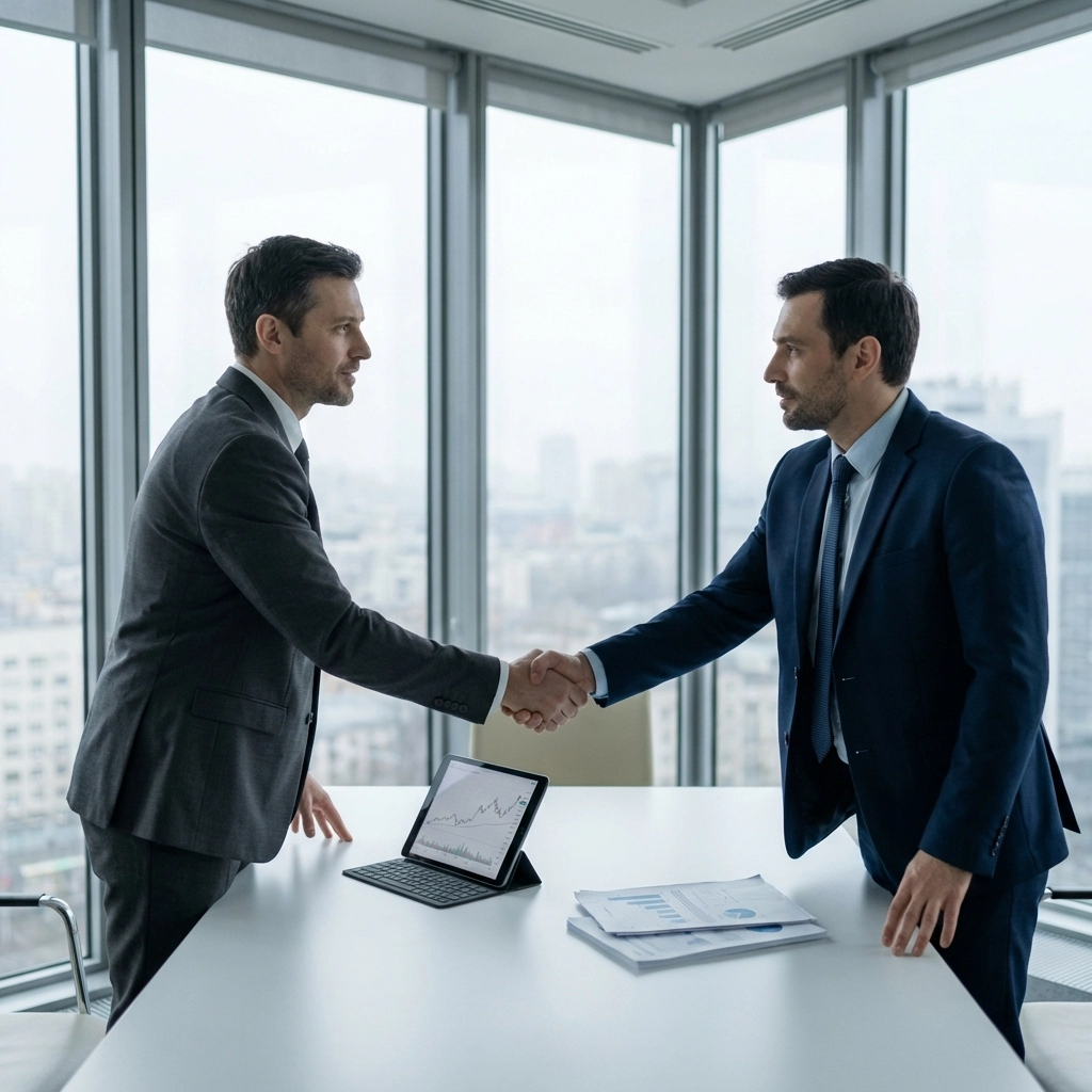 Two business professionals shaking hands in a bright office, representing strategic ERO banking partnerships for faster refunds