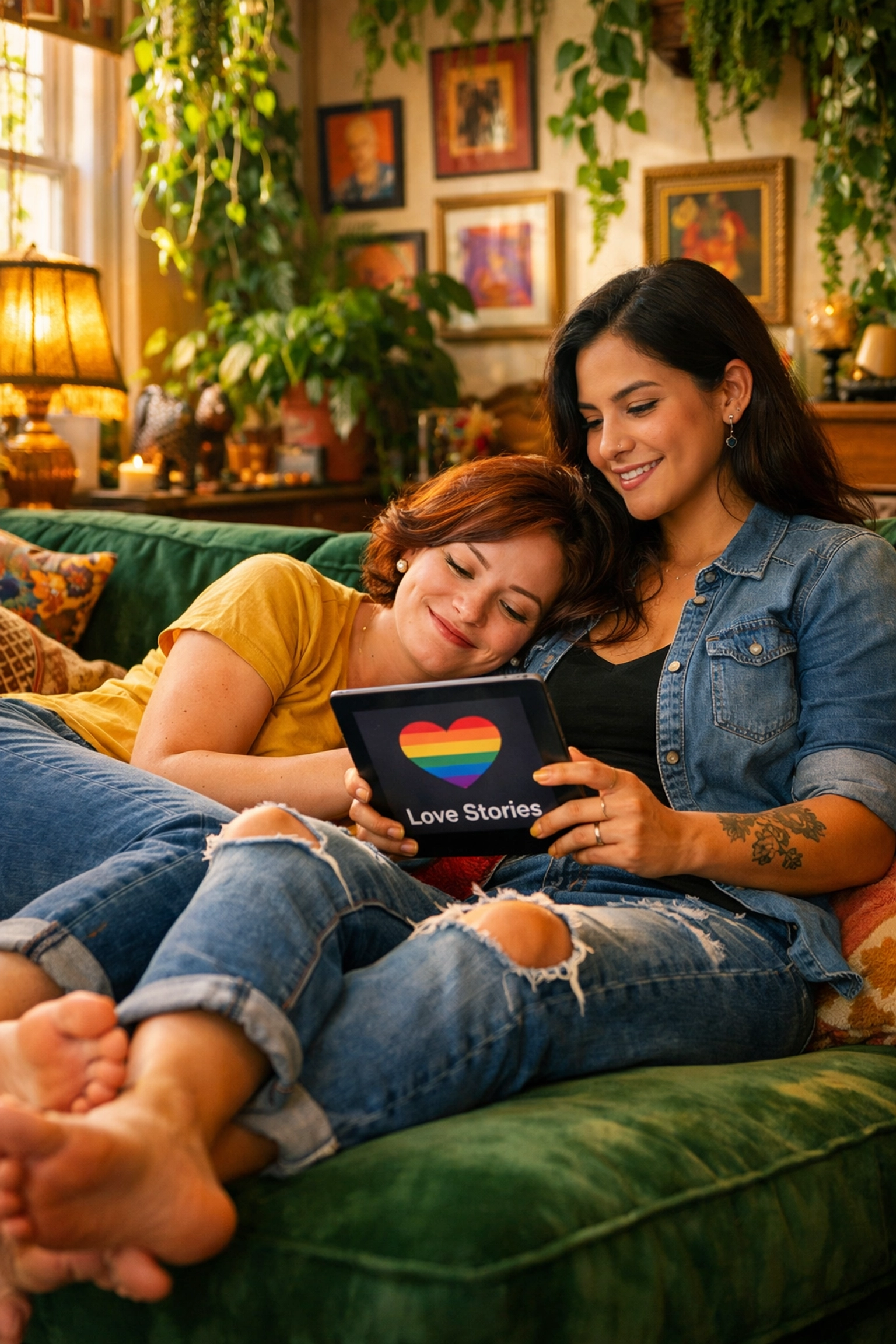 A lesbian couple sharing an intimate moment while reading LGBTQ+ ebooks and digital queer fiction on a tablet.
