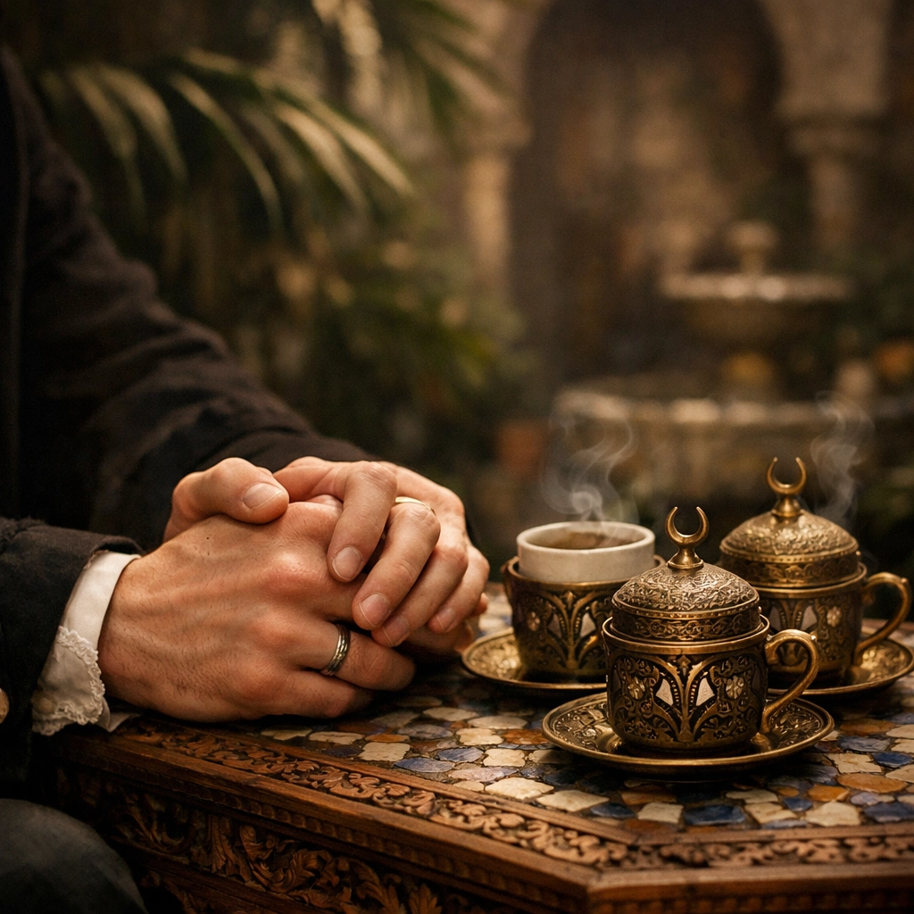 Intimate moment of a gay couple holding hands in a private 19th-century Ottoman courtyard.
