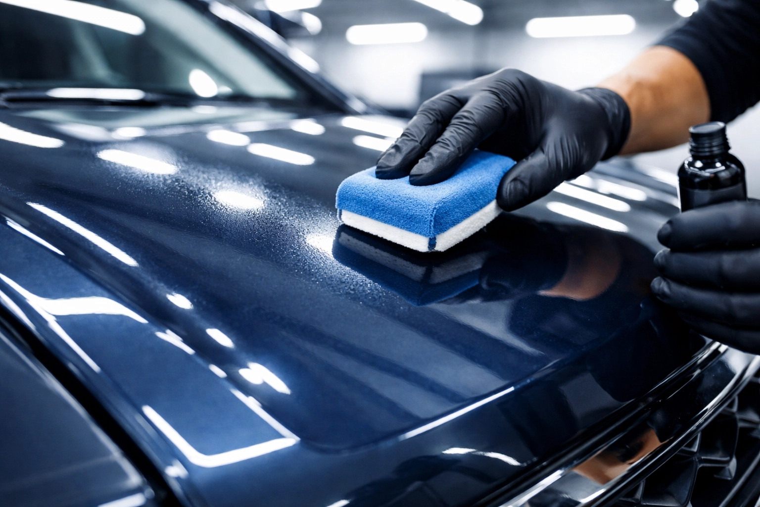 Detailer applying nano ceramic coating to car panel, creating a high-gloss protective layer for car paint.