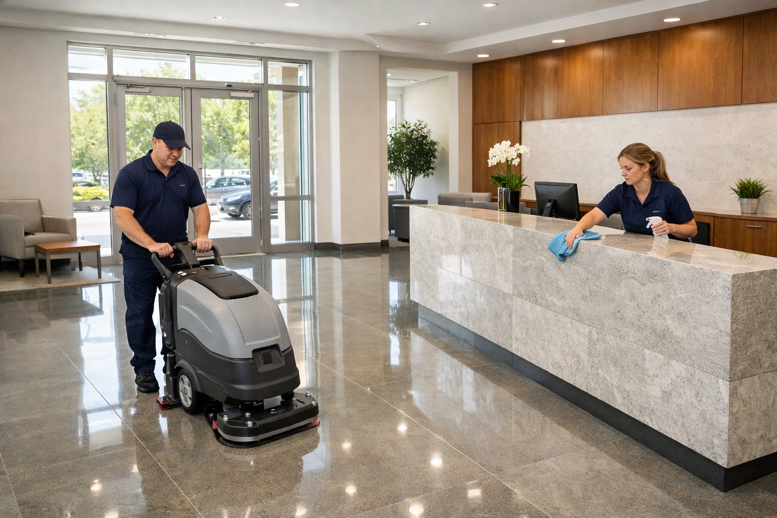 Professional commercial cleaning services in Westchester County NY sanitizing a modern office lobby.