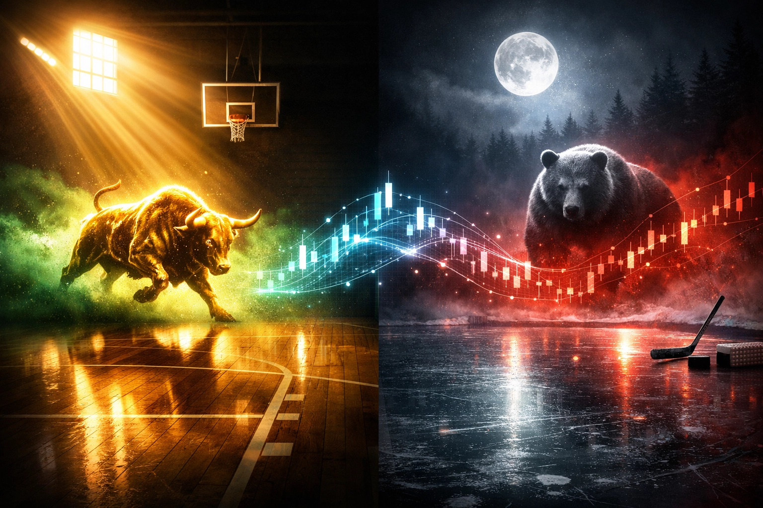 Comparison of bullish NBA and bearish NHL market sentiment using bull and bear symbols on a court and ice rink.