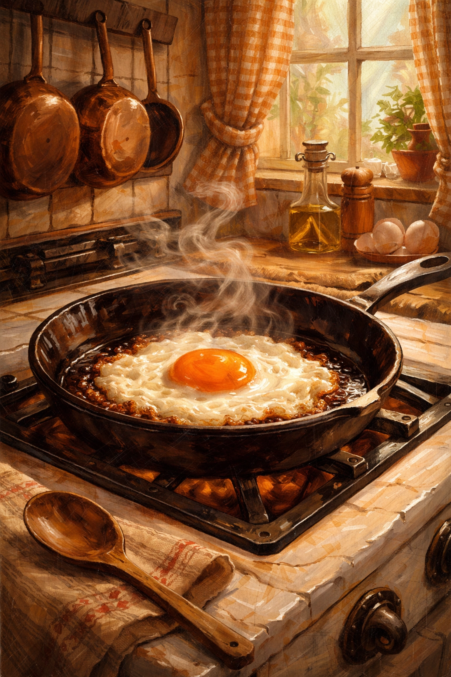 Cast iron skillet with a deep orange yolk egg on a farmhouse stove, demonstrating quality of local eggs