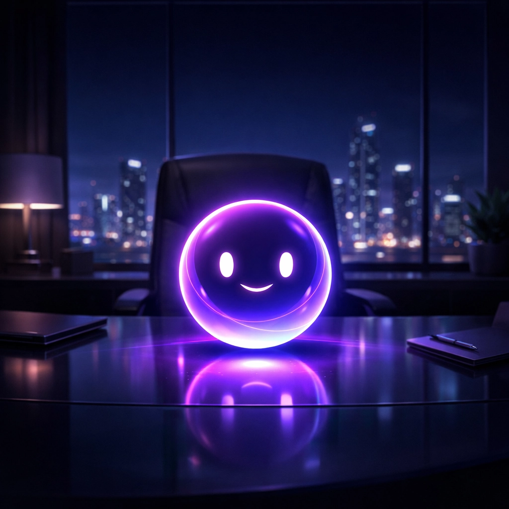 A glowing AI receptionist orb in a modern office representing 24/7 automated lead capture for small businesses.