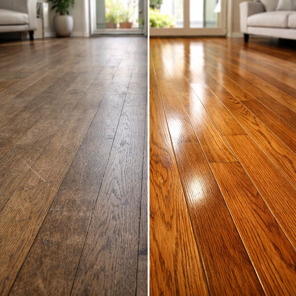 Before and after hardwood floor refinishing showing restored wood finish and shine
