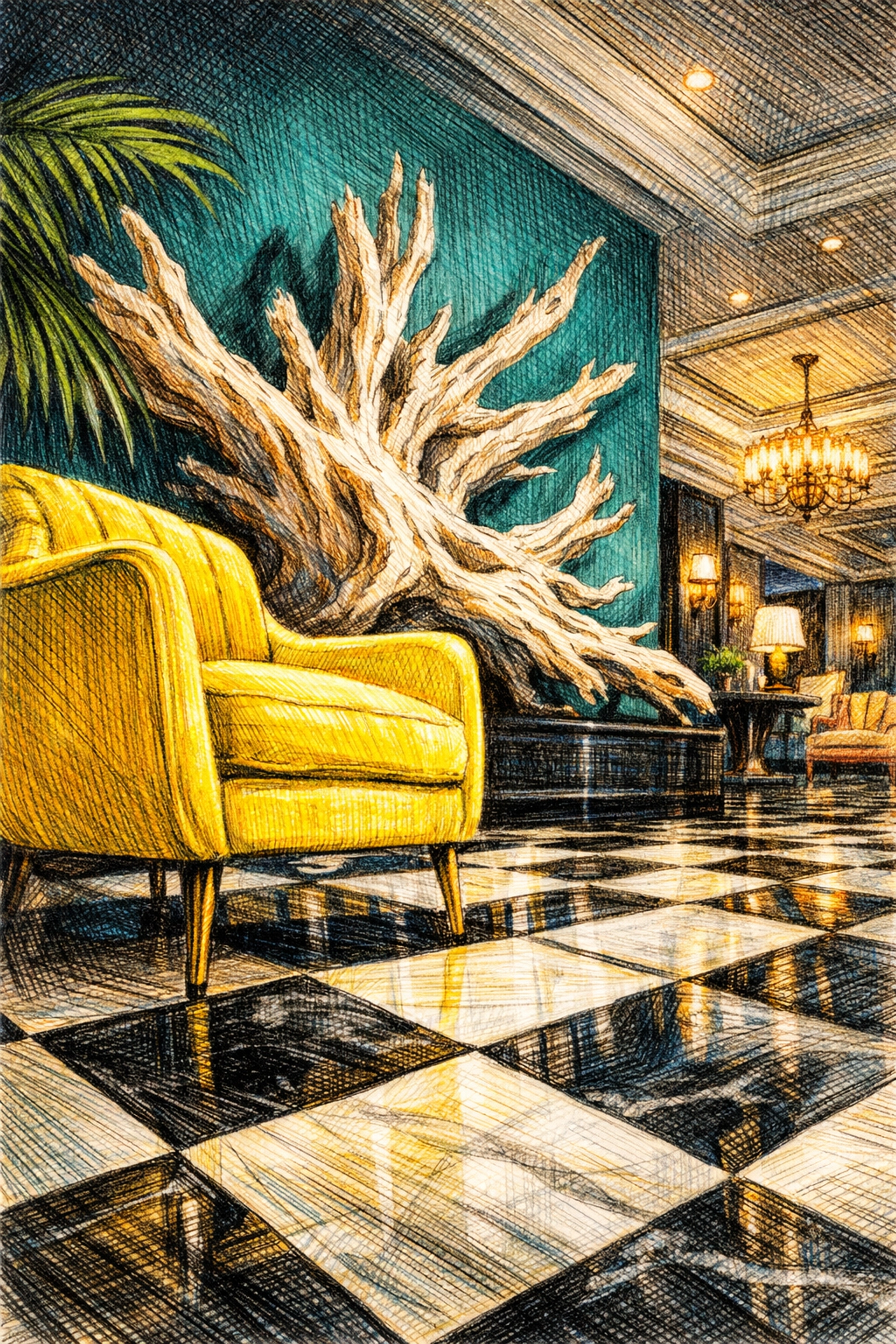 Yellow velvet armchair and checkered marble floor in a luxury boutique hotel lobby with Hollywood Regency style.