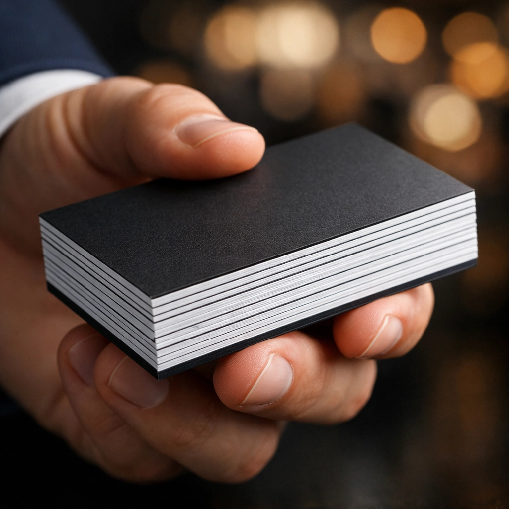 A professional holding high-quality business cards at a Dallas business networking event.