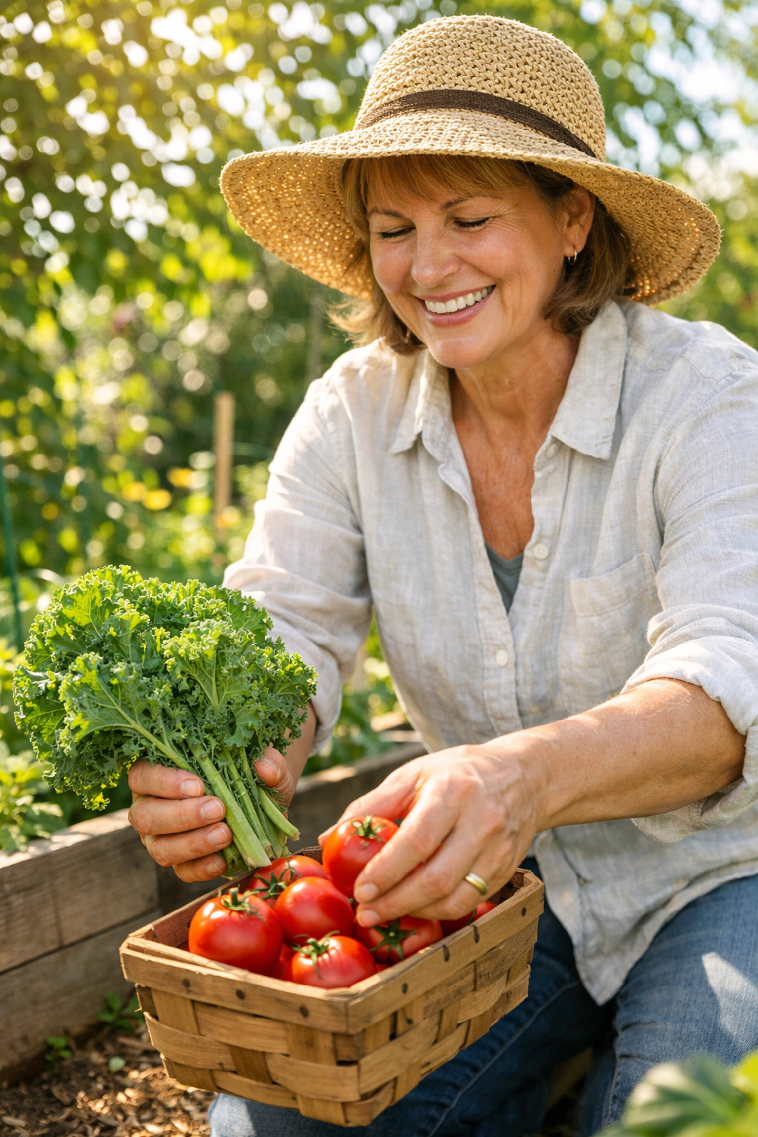 Woman gardening to demonstrate women's wellness and nutrition through active lifestyle habits.