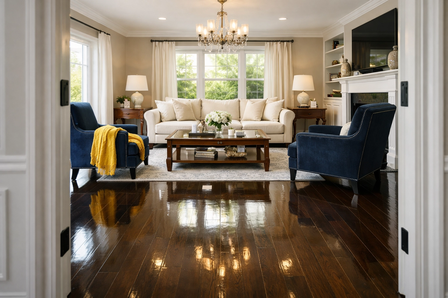 Spotless residential living room in Hopkinton MA after a professional deep cleaning service.