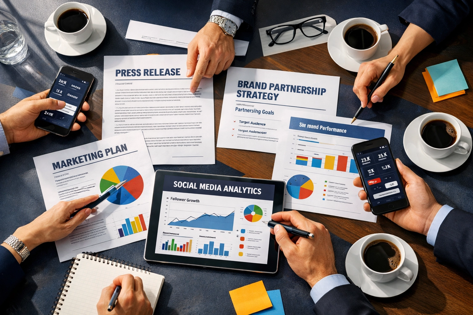 Brand partnership strategy planning session with press release documents and marketing analytics
