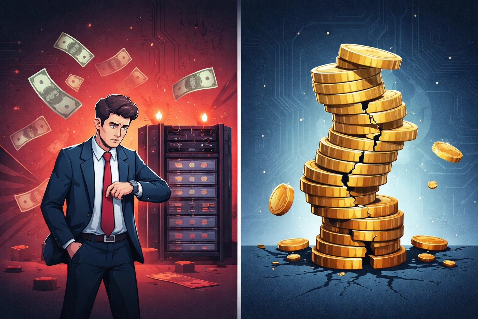 Split-screen showing financial loss from reactive IT support versus stability, underscoring cost benefits of pro-active IT support Michigan.