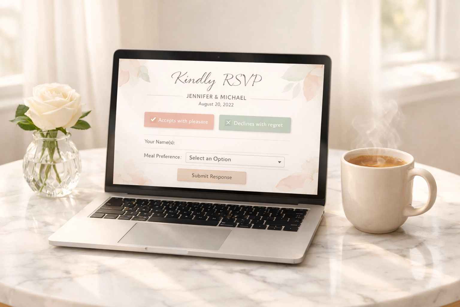 A sleek laptop displaying a modern online wedding RSVP page to boost guest contributions and funding.