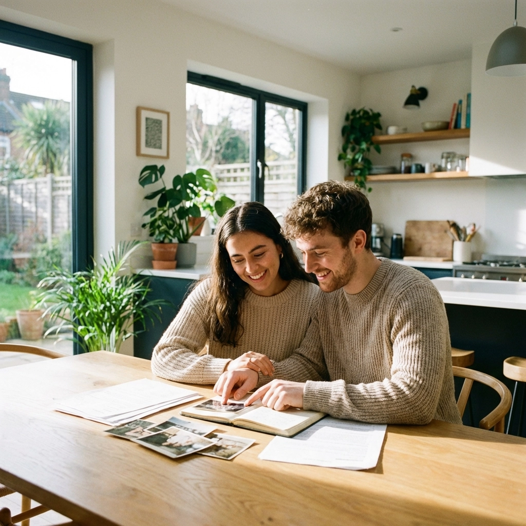 Young couple reviewing family sponsorship documents together at a kitchen table