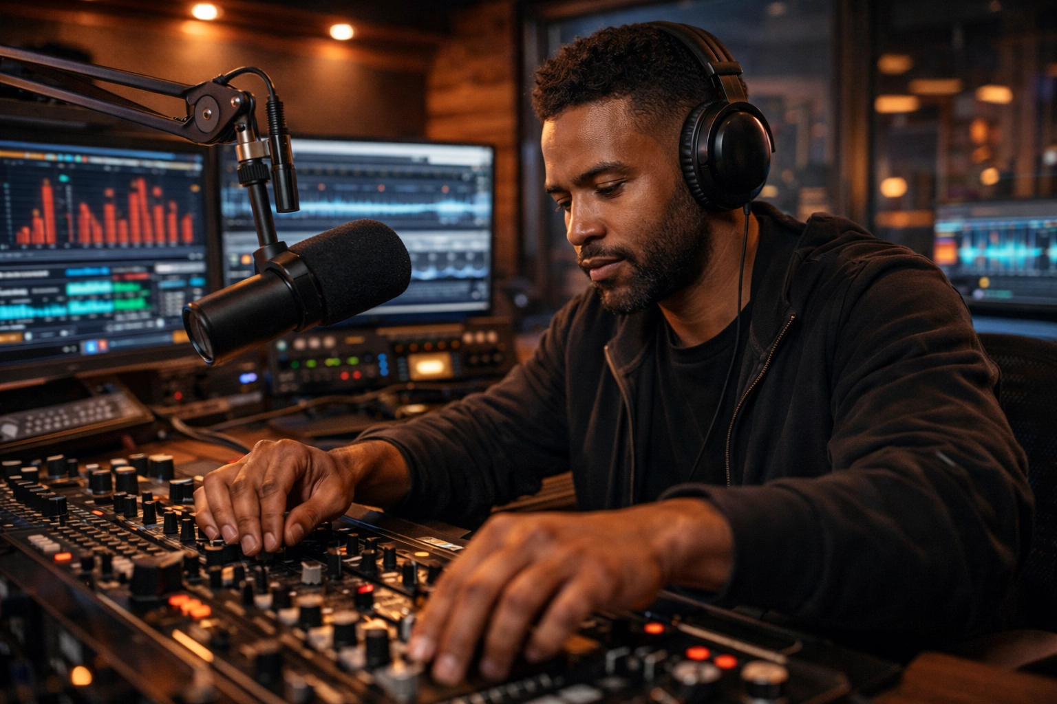 Radio DJ curating music in broadcasting studio with professional equipment