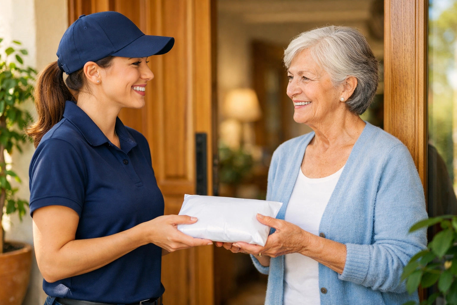 Professional courier delivering pharmacy package to elderly patient at home with care and trust
