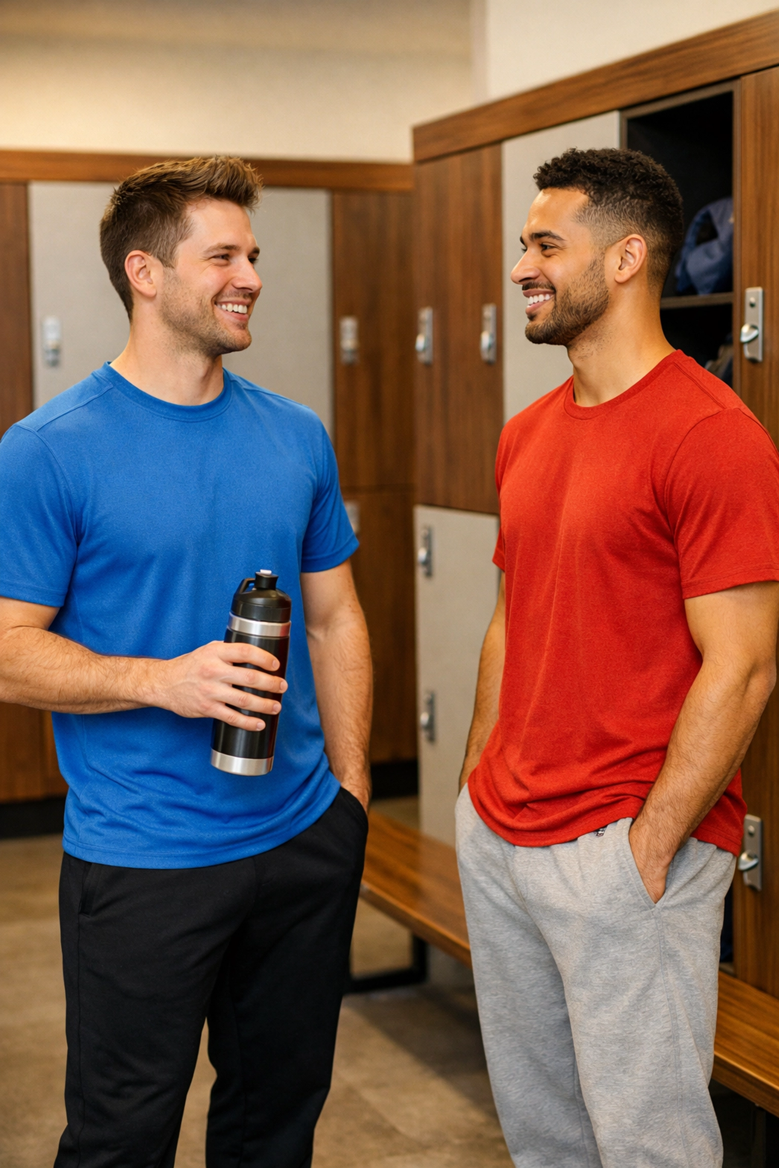 Gay men having friendly conversation while fully dressed in gym locker room showing proper boundaries