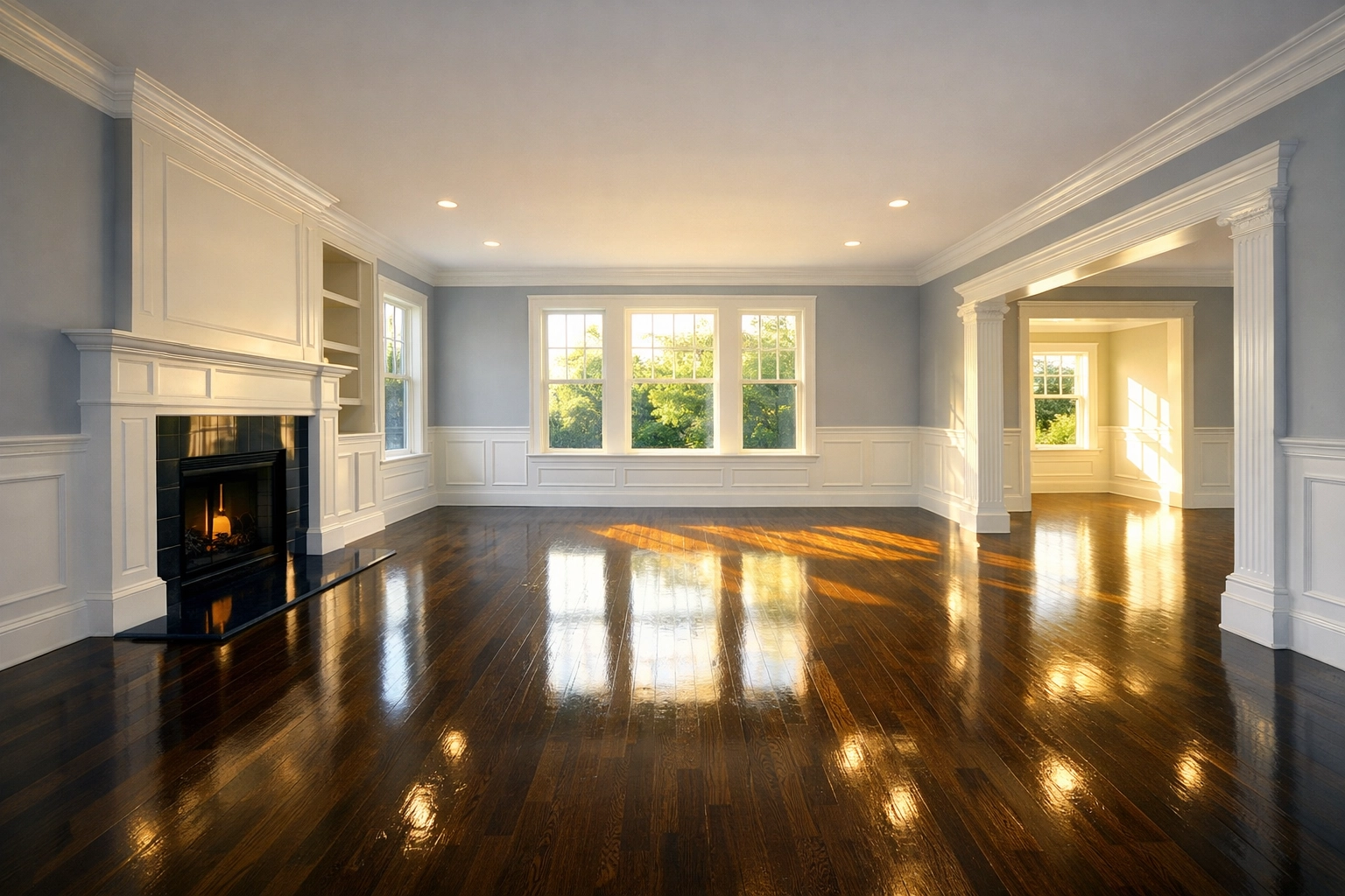 Immaculate empty living room with clean hardwood floors prepared by a Move-In Cleaning Service in Massachusetts.