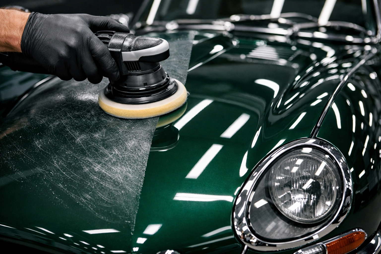 Professional paint correction on a vintage Jaguar E-Type fender at a West Hartford car detailing shop.
