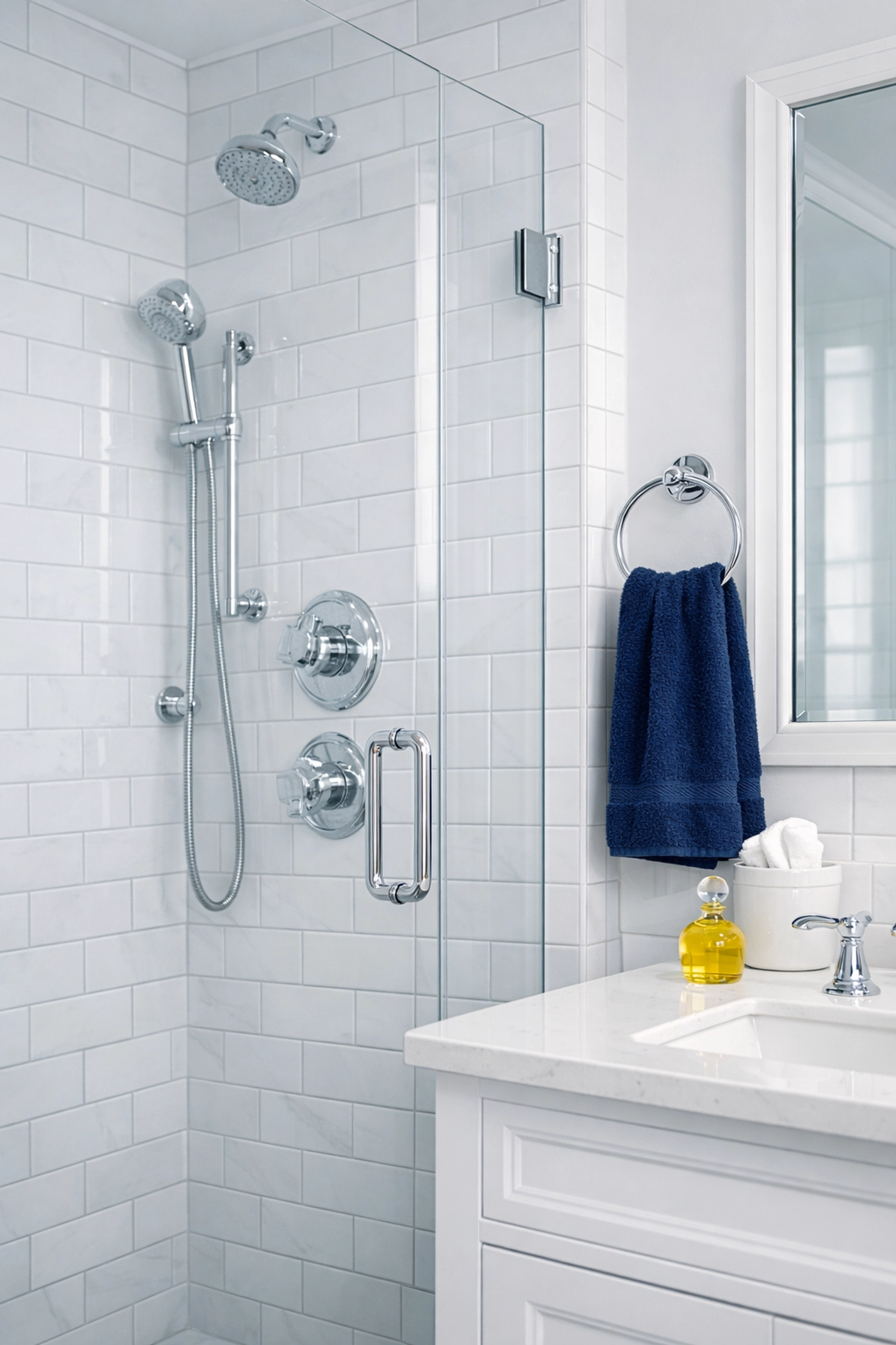 Sparkling clean bathroom with white marble tile after a thorough Boston apartment move-out cleaning service.