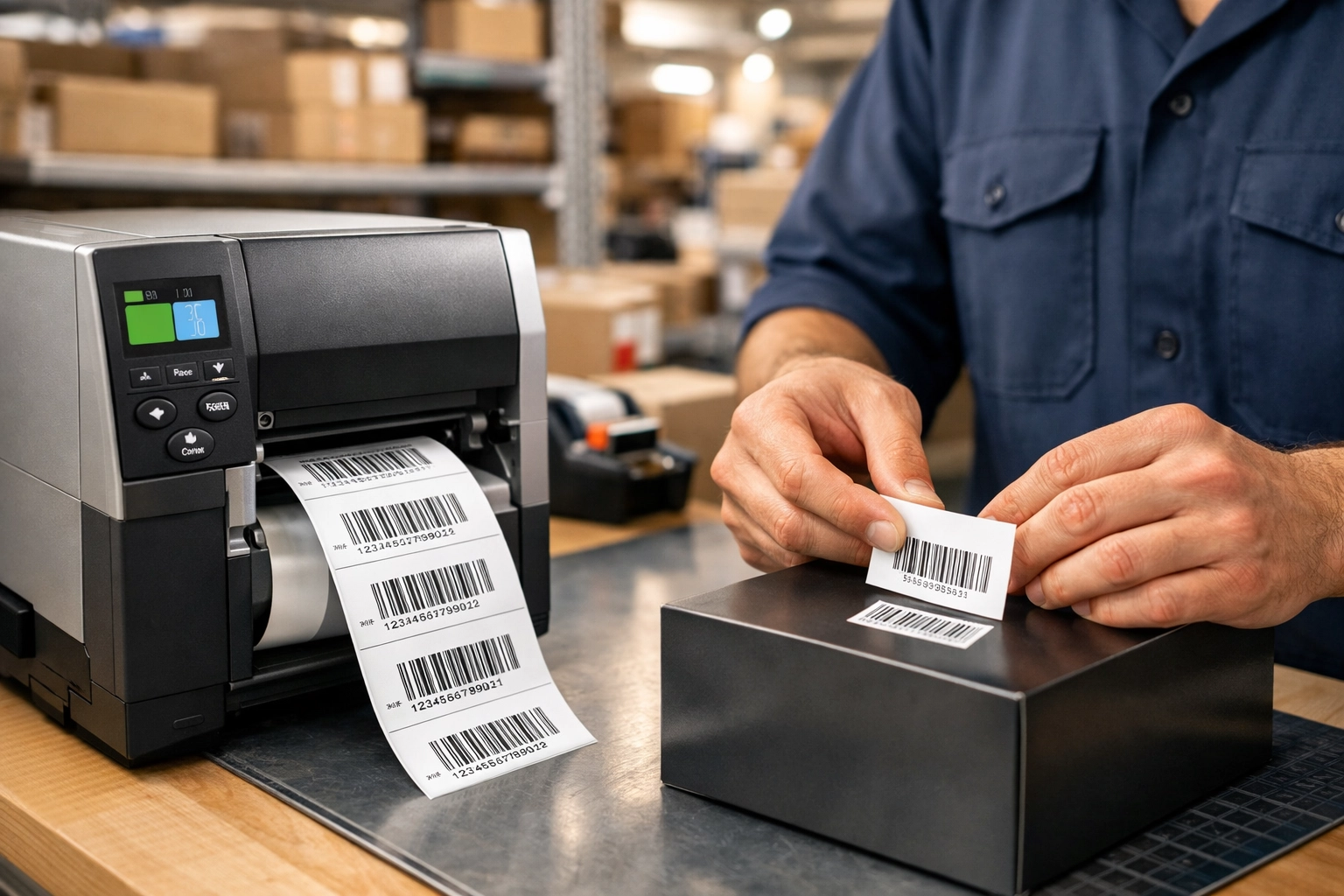 3PL fulfillment prep specialist applying FNSKU barcode labels to e-commerce packaging in a modern warehouse.