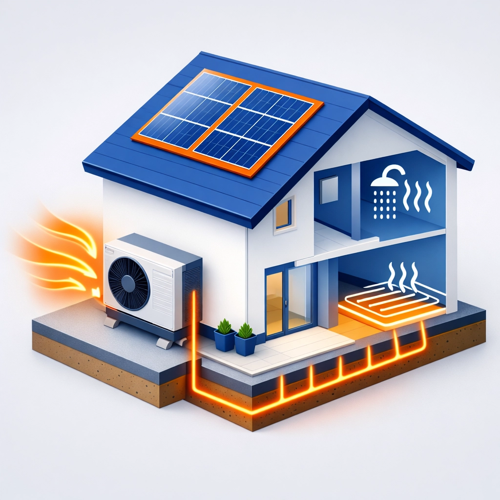 Isometric illustration of a modern home with an air source heat pump and solar panel integration.