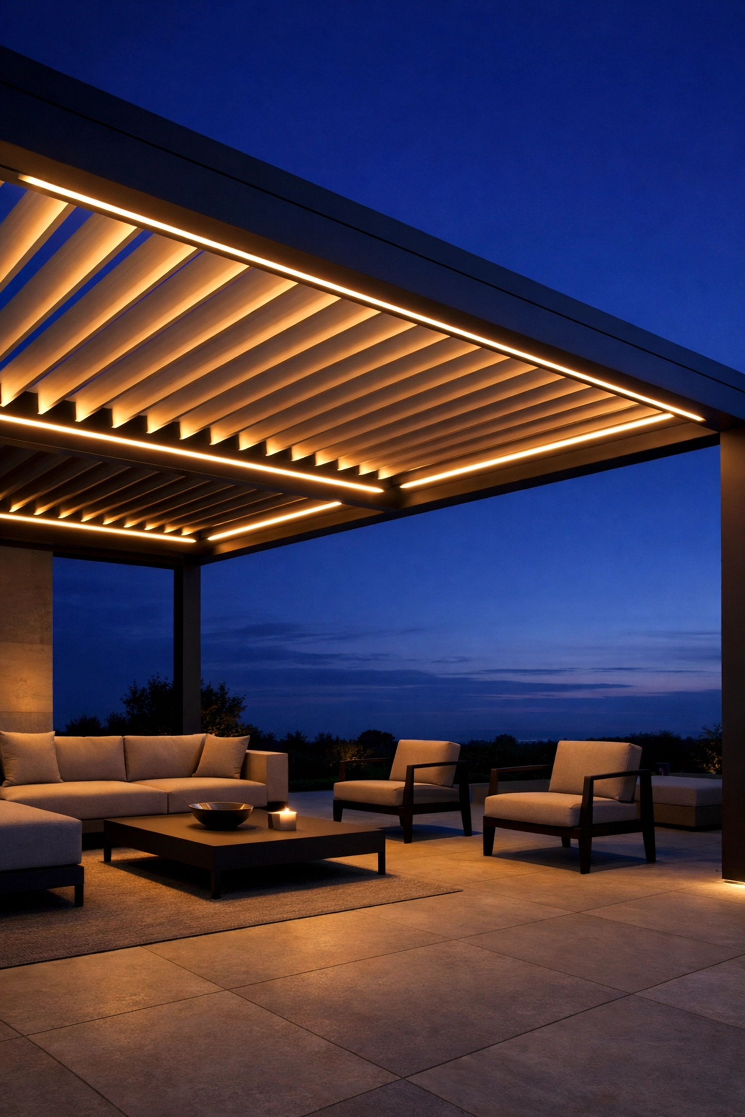 Beleuchtete Pergola in Wien mit LED-Lichtleisten für eine gemütliche Abendstimmung.