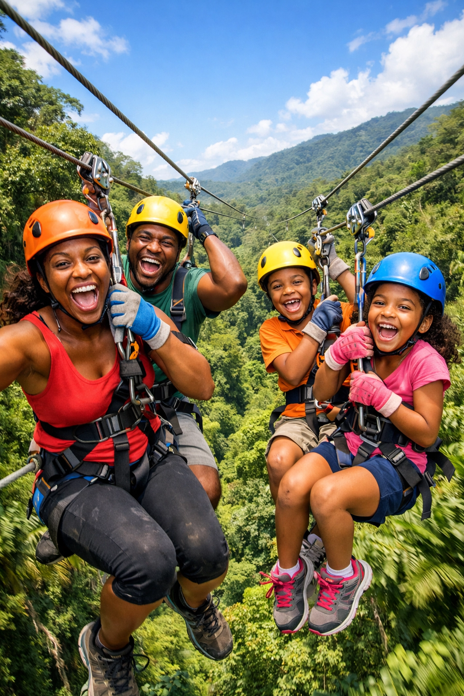Family enjoying adventure vacation zip-lining through Costa Rica rainforest