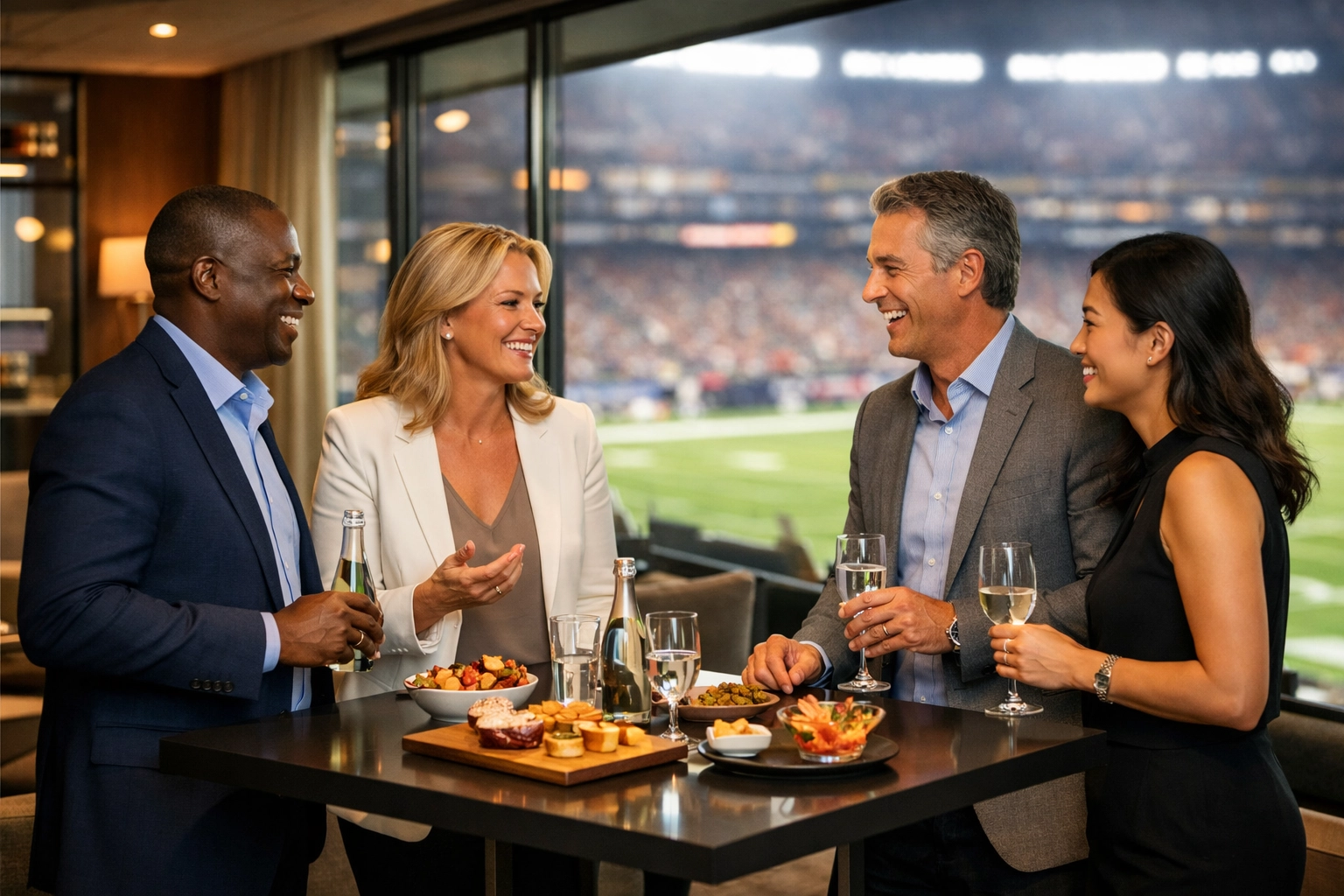 NEWSLETTER: Boost Your Brand ROI Instantly with These 5 Super Bowl Networking Secrets Corporate executives networking in a luxury Super Bowl hospitality suite for brand ROI.