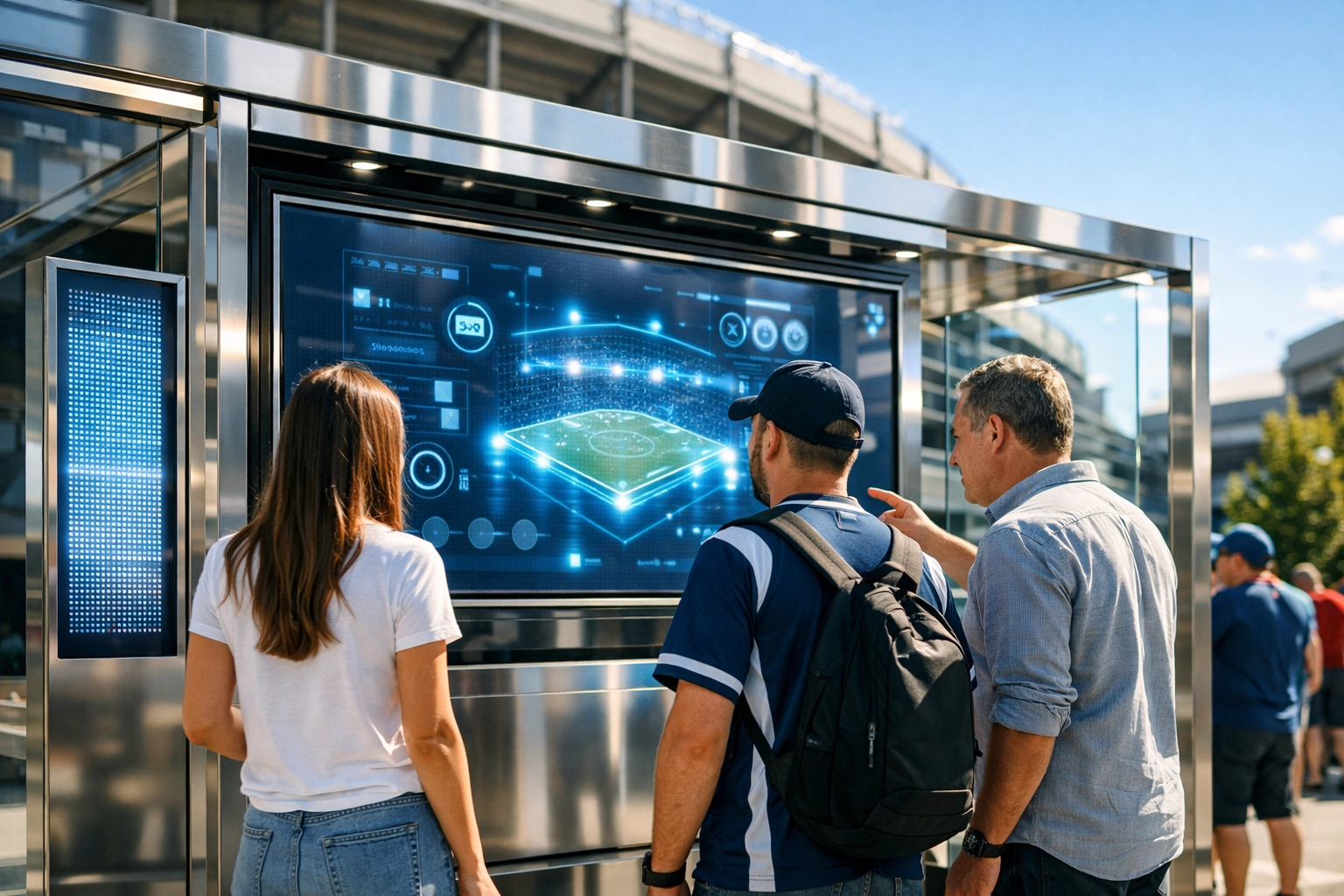 Interactive brand activation and experiential marketing booth outside a stadium during a major game.